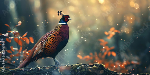 A male ring-necked pheasant stands on a mossy log in a forest with orange and red leaves. It has a striped neck and is looking to the right. The background is a blurred forest with bokeh effects. photo