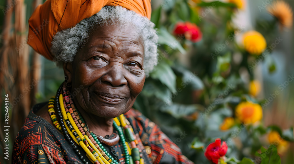 Smiling Elderly Woman Wearing a Flower Lei in a Garden Setting Smiling Elderly Woman Wearing a Flower Lei in a Garden Setting