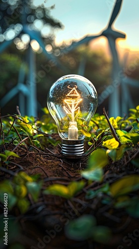 Sustainable Energy Solution with Light Bulb and Wind Turbine - Generative AI