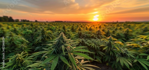 Sunset over a vast cannabis field, bathing the plants in warm, golden light