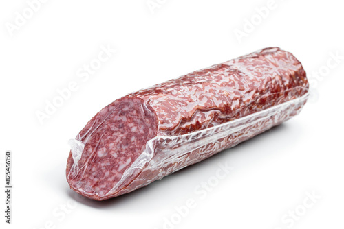 Sausage in plastic vacuum pack on white