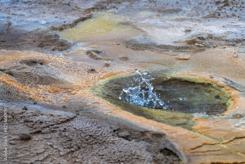 Geyser area with surrounding mineral deposits and bacterial film photo