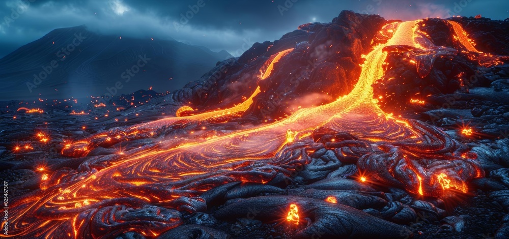A photorealistic close up of molten lava flowing down a black volcanic slope at night, with glowing embers scattered around