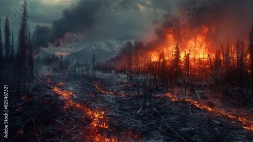A charred and smoldering forest floor with blackened tree trunks  smoke rising in the distance