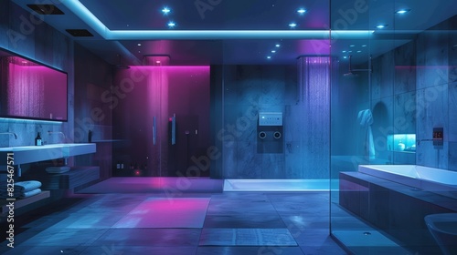 A modern, luxurious, high-tech bathroom equipped with AI-guided fixtures, smart mirrors, and responsive ambient lighting.