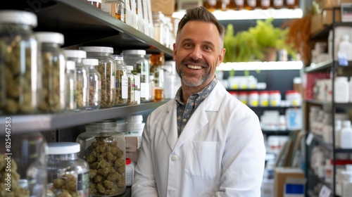 Portrait of a pharmacist in drug store with cannabis