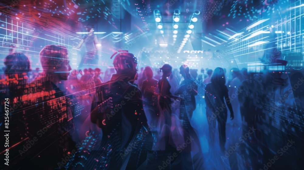 Futuristic double exposure: technology and energetic partygoers Futuristic double exposure: technology and energetic partygoers