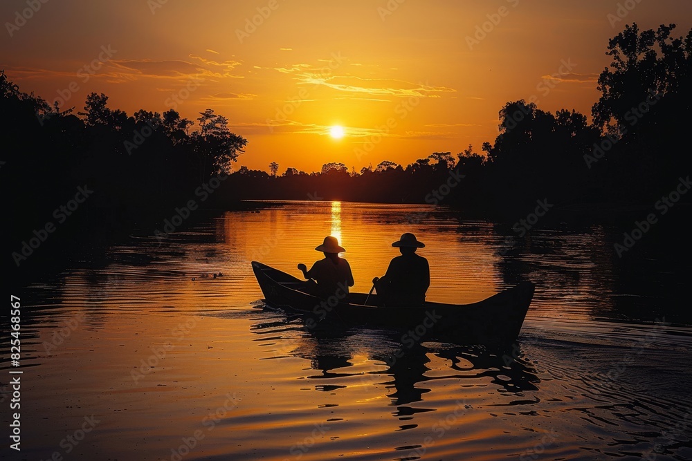 Graceful silhouette of couple canoeing on a calm river at sunset. Graceful silhouette of couple canoeing on a calm river at sunset.