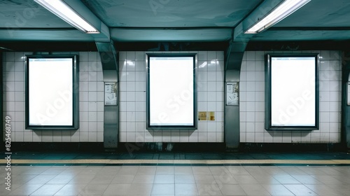 Front view of three empty white billboard screens at the metro station Mock up Blank advertising billboards in the subway