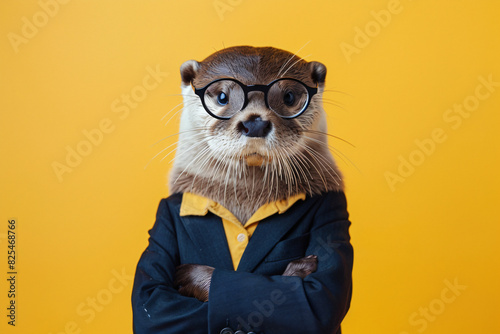 A cute otter wearing glasses and a suit. The otter is wearing a yellow tie and has a serious look on his face photo