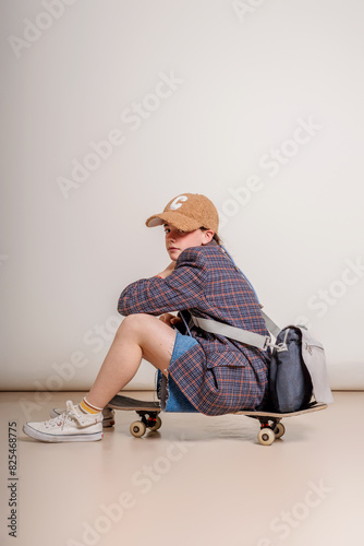 portrait child girl with genderless outfit and skate   photo