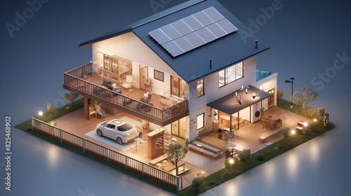 Isometric Vector of Muji House Smart Home Features A Muji house equipped with smart home features, including automated lighting, climate control, and security systems, all within a minimalist design. © brace