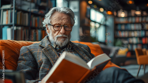 Elderly Man Reading a Book in a Library