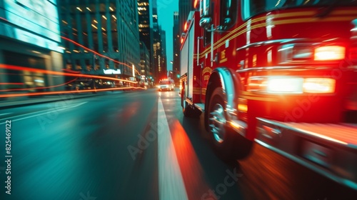 Firetruck rush in night city street road photo