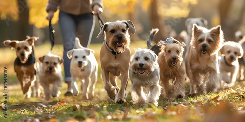 Pet sitter walking diverse group of rescue dogs in park. Concept Pet Care, Dog Walking, Rescue Dogs, Outdoor Activities, Pet Sitter