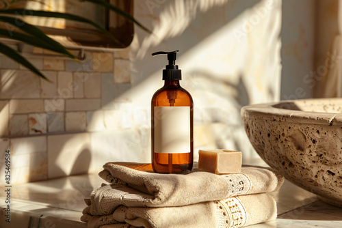 Amber glass pump bottle mockup with blank label on a stone counter. Modern minimalistic bathroom interior, nature-inspired aesthetics