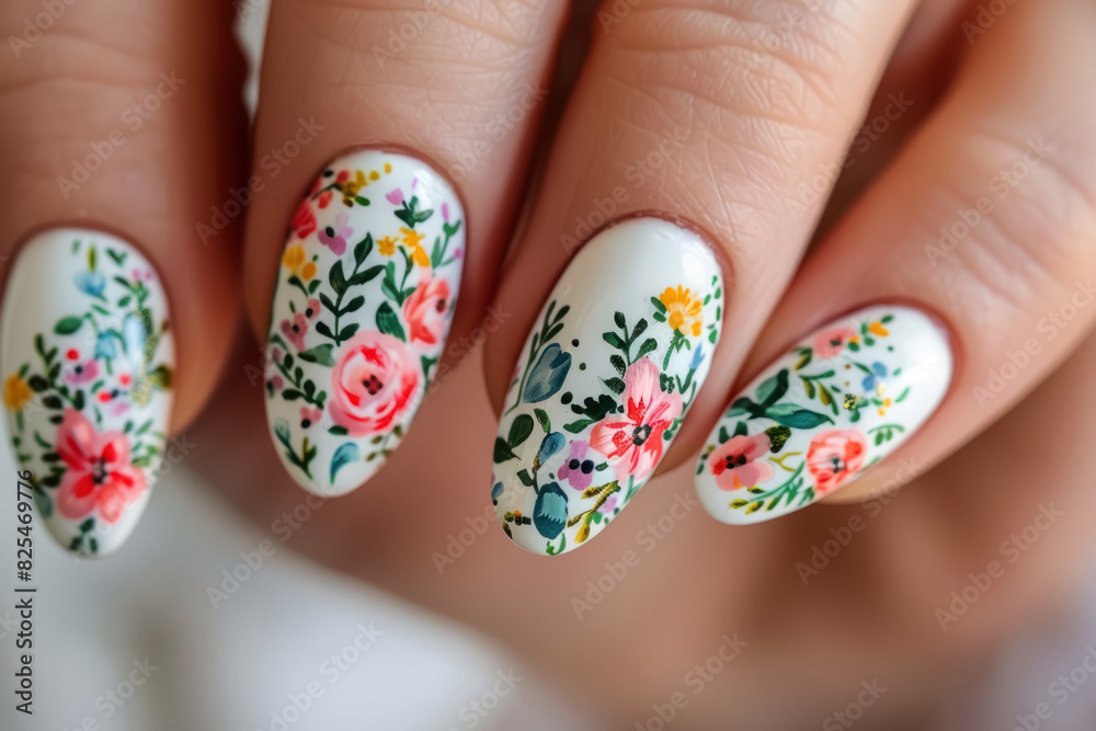 floral painted almond shaped nails closeup for summer fashion floral painted almond shaped nails closeup for summer fashion