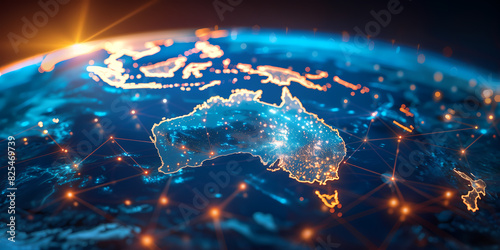 Digital map of Australia network connectivity, data transfer, tech business telecommunication photo