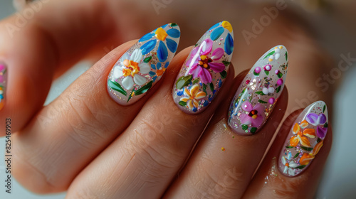 vibrant tropical flowers on long nail design close up, summer fashion art