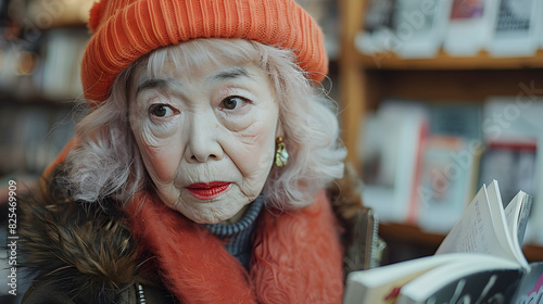 Close-up Portrait of an Elderly Asian Woman with a Serious Expression Wearing an Orange Hat