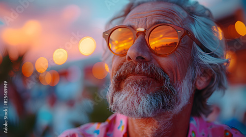 Close-up of a Man With a Long Gray Beard Wearing Sunglasses at Sunset