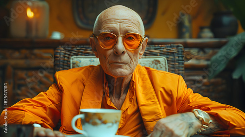A Close-up Portrait of an Elderly Man Wearing a Bright Orange Suit and Sunglasses, Looking Intensely at the Camera