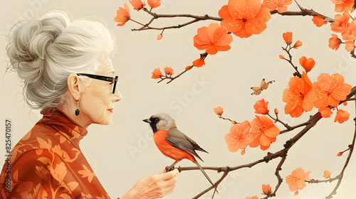 A Watercolor Painting of a Woman Looking at a Bird on a Branch