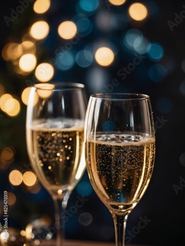 Festive Champagne Flutes, Blurred Background of New Year's Eve Party