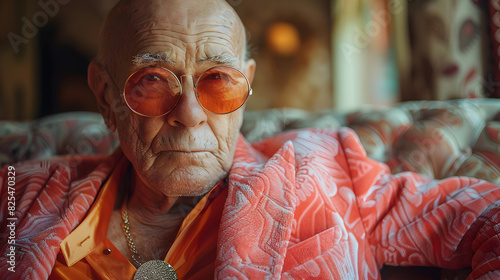 Elderly Man in Pink Outfit and Sunglasses Sitting on a Couch