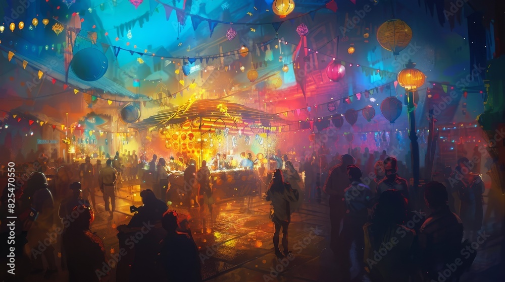 Colorful, crowded scene with lots of lights and people walking