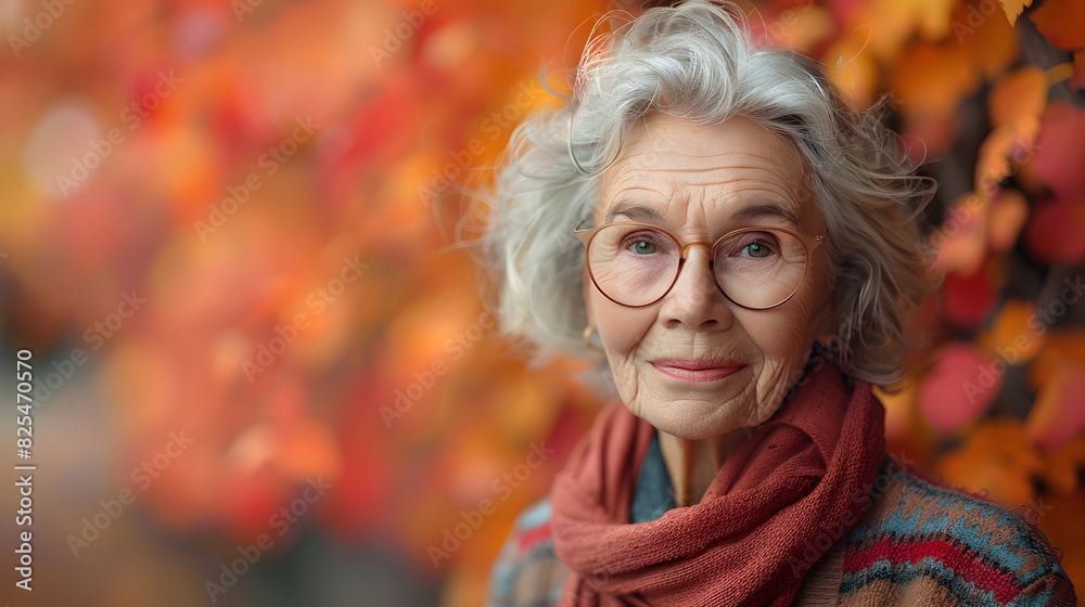 Portrait of an Elderly Woman with Gray Hair and Red Scarf in Front of Autumn Leaves Portrait of an Elderly Woman with Gray Hair and Red Scarf in Front of Autumn Leaves