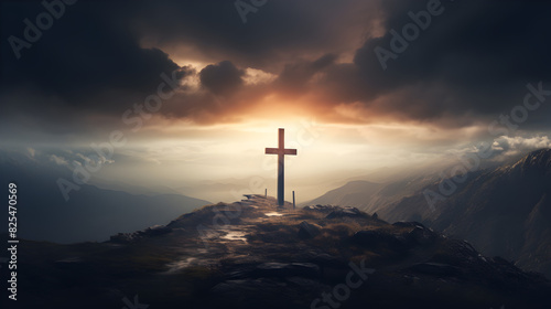 The cross of christ on top of the mountain with beautiful sunset in the background Panoramic.Divine Sunset: The Cross of Christ on Majestic Mountains – Exclusive on Adobe Stock © Chaudary