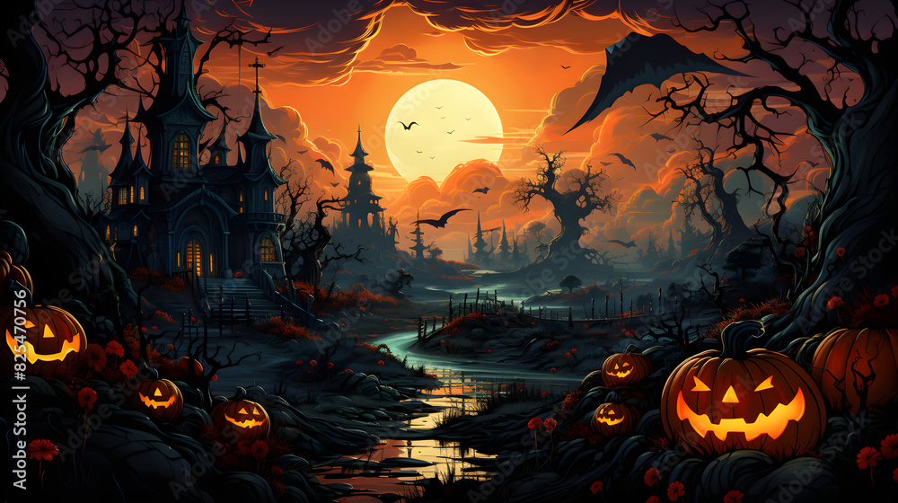 haunted halloween, skeleton and pumpkins, midnight, seamless vector illustration, bioluminescent, surrealism