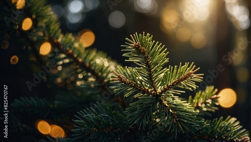 A branch of spruce in the rays of light with a small gold ornament in the background.