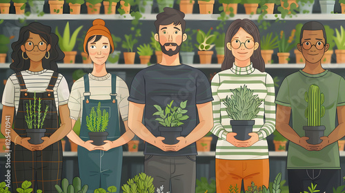 Four People Wearing Green Aprons Standing in a Plant Store