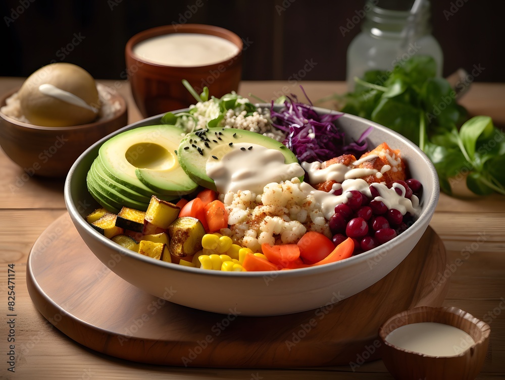 Colorful vegan Buddha bowl with fresh vegetables, quinoa, and avocado. Colorful vegan Buddha bowl with fresh vegetables, quinoa, and avocado.