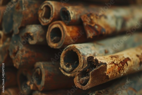 Closeup macro photography of rustic cinnamon sticks with warm brown tones and aromatic spices. Perfect for culinary gourmet flavor and traditional kitchen preparation photo