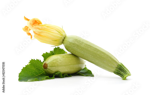 Two courgettes with leaves and flower.