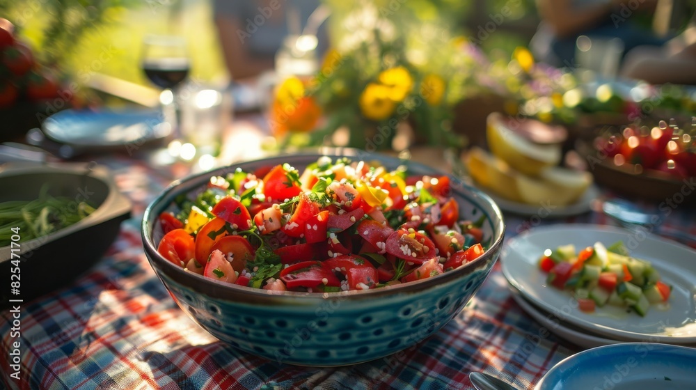 Summer tomato salad in a wooden bowl for a healthy and delicious meal