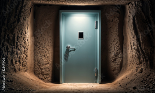 door is closed in a dark tunnel made of sand