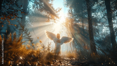 Beautiful angel with wings in misty enchanted forest with sunlight rays.