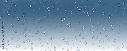 Rain transparent drops flow down the glass.Realistic wet condensation texture.Fresh water splash effect on the surface.Liquid spreading droplet shapes.