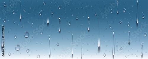 Rain transparent drops flow down the glass.Realistic wet condensation texture.Fresh water splash effect on the surface.Liquid spreading droplet shapes.