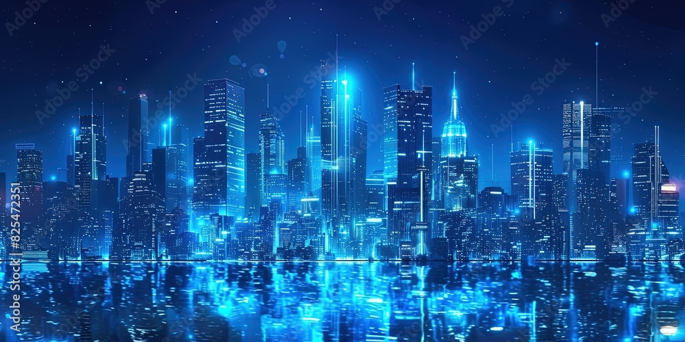 Blue neon light background of a city