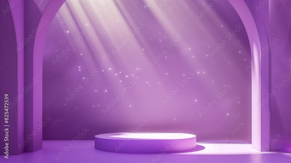 Minimal podium with purple background. 3D render, atmospheric lighting, elegant stage. Minimal podium with purple background. 3D render, atmospheric lighting, elegant stage.