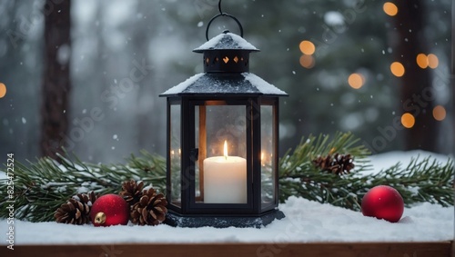 Festive Lantern on a Snow-Covered Table with Pine Branches and Holiday Ornaments. © xKas