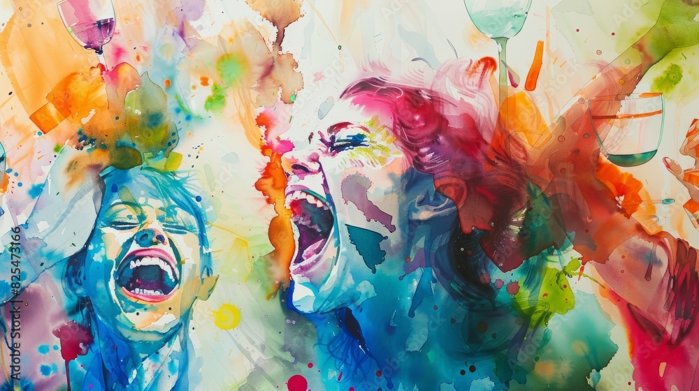 Joyful watercolor painting depicting celebratory mood of a party