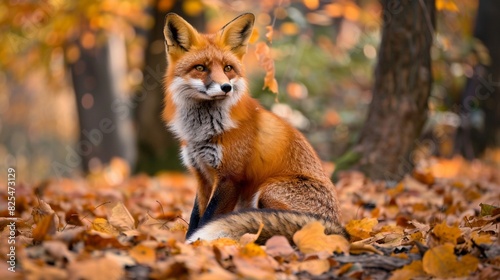 A Vivid Orange Fox Sitting Amidst Autumn Leaves in a Deep Forest