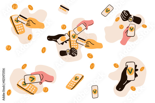Contactless payment transaction set. Person hand paying with card, smartphone, smartwatch with POS terminals and NFC technology. Doodle flat vector illustration
