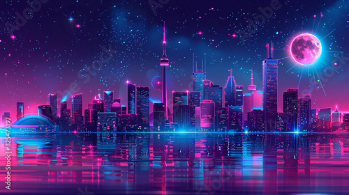 A neon skyline illustration with glowing outlines of famous landmarks, set against a starry night sky